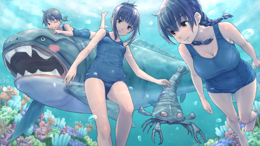 3girls ;) age_difference air_bubble barefoot black_hair blue_one-piece_swimsuit blunt_bangs blush blush_stickers braid breasts bubble cleavage commentary_request coral dunkleosteus eurypterid fish folded_ponytail freediving from_below hair_between_eyes hair_over_shoulder holding_breath large_breasts legs_up light_smile long_hair looking_at_viewer looking_to_the_side low_ponytail lying multiple_girls old_school_swimsuit on_stomach one-piece_swimsuit one_eye_closed original partial_commentary ponytail prehistoric_animal riding school_swimsuit sea_scorpion sharp_teeth shimano_natsume short_hair short_ponytail sidelocks small_breasts smile swimming swimsuit teeth tied_hair twin_braids underwater