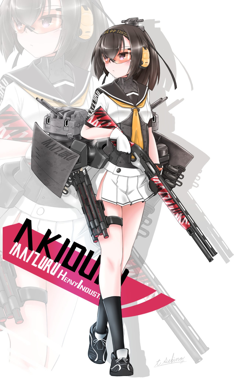 akizuki_(kantai_collection) artist_signature black_hair black_legwear black_shoes chou-10cm-hou-chan clothes_writing corset earmuffs female gloves gun hair_between_eyes hair_ornament headband highres holding holding_gun holding_weapon holster kantai_collection long_hair looking_to_the_side pleated_skirt ponytail pump_action purple_eyes rigging sailor_collar sekino_takehiro shadow shiny shiny_hair shoes shooting_glasses short_sleeves shotgun shotgun_speed_loader skirt sneakers solo striped striped_skirt thigh_holster thigh_strap trigger_discipline turret weapon white_background white_gloves white_skirt zoom_layer