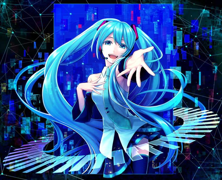 :d armpits black_skirt blue_eyes blue_hair blue_neckwear blue_thighhighs commentary_request detached_sleeves female floating_hair hair_between_eyes hair_ornament hatsune_miku headphones headset highres kiyuu_kuroneko long_hair looking_at_viewer microphone miniskirt open_mouth outstretched_arm pleated_skirt shirt skirt sleeveless sleeveless_shirt smile solo standing thighhighs twintails very_long_hair vocaloid white_shirt