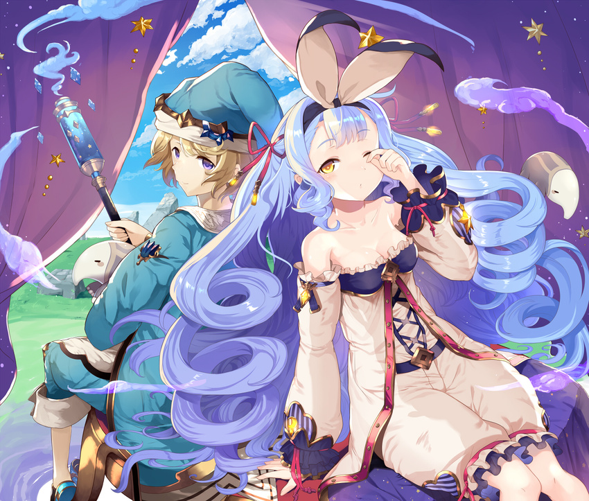 2girls abusoru bare_shoulders blonde_hair commentary_request granblue_fantasy hat highres light_purple_hair morphe_(granblue_fantasy) multiple_girls nightcap one_eye_closed phoebe_(granblue_fantasy) purple_eyes smoke tapir yellow_eyes