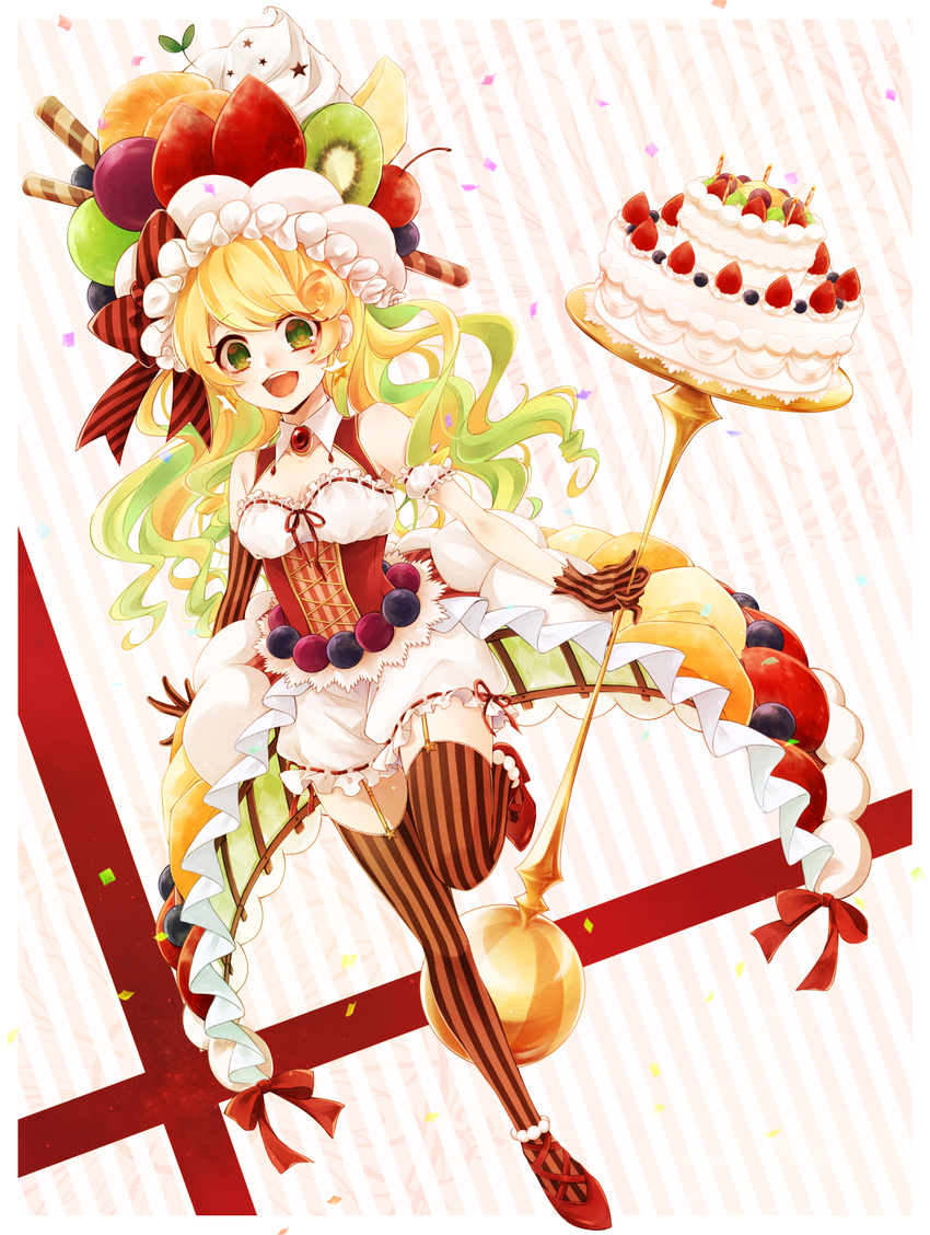 :d absurdres blonde_hair blueberry bow breasts brown_thighhighs cake cherry cleavage collarbone commentary_request corset detached_sleeves diagonal_stripes earrings facial_mark female food food-themed_clothes fruit garter_straps gloves grapes green_eyes green_hair highres hoshi_no_pon jewelry kiwi_(fruit) leg_up long_hair multicolored_hair open_mouth orange_(fruit) orange_slice original pocketland red_bow red_footwear ribbon-trimmed_clothes ribbon-trimmed_sleeves ribbon_trim shoes short_sleeves shorts small_breasts smile solo star_(symbol) star_earrings star_facial_mark strawberry striped_bow striped_clothes striped_gloves striped_thighhighs thighhighs two-tone_hair vertical-striped_clothes vertical-striped_thighhighs wavy_hair whipped_cream white_shorts