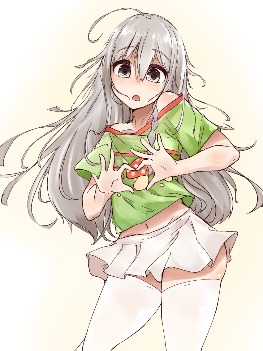 absurdres ahoge aki_(sangetusei) arms_up beige_background blush braid commentary_request contrapposto extra_eyebrows female food_print gradient green_shirt grey_eyes grey_hair grey_skirt hair_between_eyes head_tilt heart heart_hands highres hip_focus hoshi_syoko idolmaster idolmaster_cinderella_girls long_bangs long_hair looking_at_viewer midriff miniskirt mushroom_print off-shoulder_shirt off_shoulder open_mouth shirt short_sleeves shoulder_tilt single_braid skirt solo standing t-shirt thighhighs very_long_hair white_background white_thighhighs zettai_ryouiki