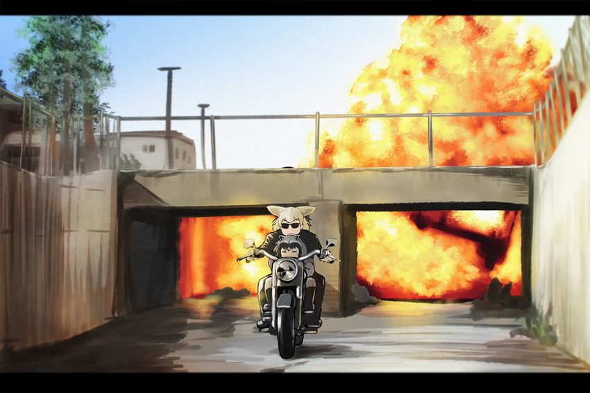 2girls chromatic_aberration commentary common_raccoon_(kemono_friends) cosplay day explosion fennec_(kemono_friends) jacket kemono_friends leather leather_jacket letterboxed motor_vehicle motorcycle movie_reference multiple_girls multiple_riders outdoors parody riding sunglasses t-800 t-800_(cosplay) terminator_(series) terminator_2:_judgment_day the_terminator ueyama_michirou