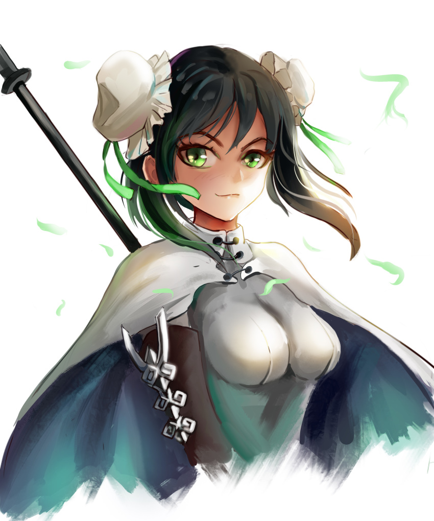 absurdres arm_guards black_gloves black_hair bodysuit breasts bun_cover cape chinese_clothes closed_mouth commentary_request cropped_torso double_bun fate/grand_order fate_(series) female gloves green_eyes hair_bun he_c92 highres looking_at_viewer medium_breasts photoshop_(medium) polearm qin_liangyu_(fate) sidelocks simple_background skin_tight smile solo spear taut_clothes upper_body weapon white_background white_bodysuit white_cape