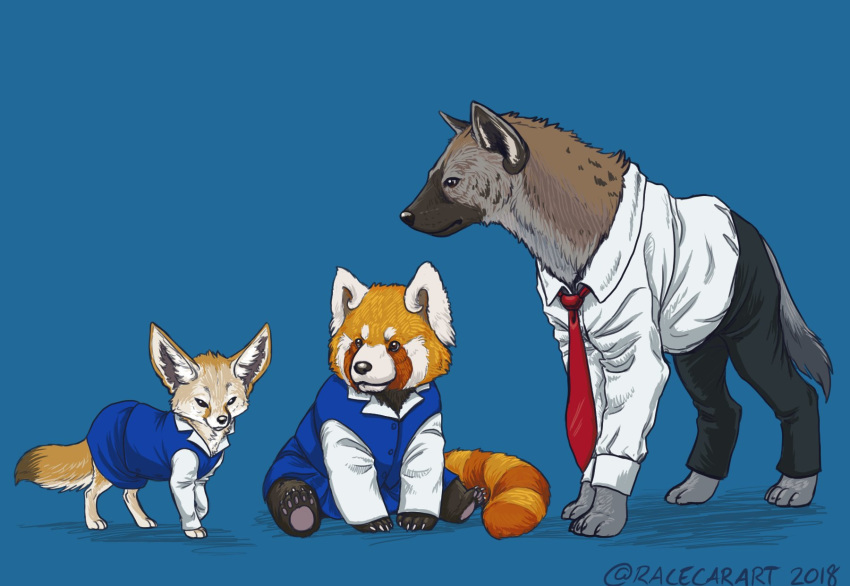 2018 aggretsuko ailurid ambiguous_gender black_eyes blue_background bottomwear brisketwear brown_body brown_fur brown_markings canid canine claws clothed clothed_feral clothing dress dress_shirt fennec_fox fenneko feral feralized fox front_view fur group haida_(aggretsuko) hi_res hindwear hyena mammal markings necktie orange_body orange_fur orange_markings pawpads pencil_skirt racecarart realistic red_panda retsuko sanrio shirt side_view simple_background sitting skirt spotted_hyena standing tail tail_under_skirt tan_body tan_fur topwear true_fox white_markings