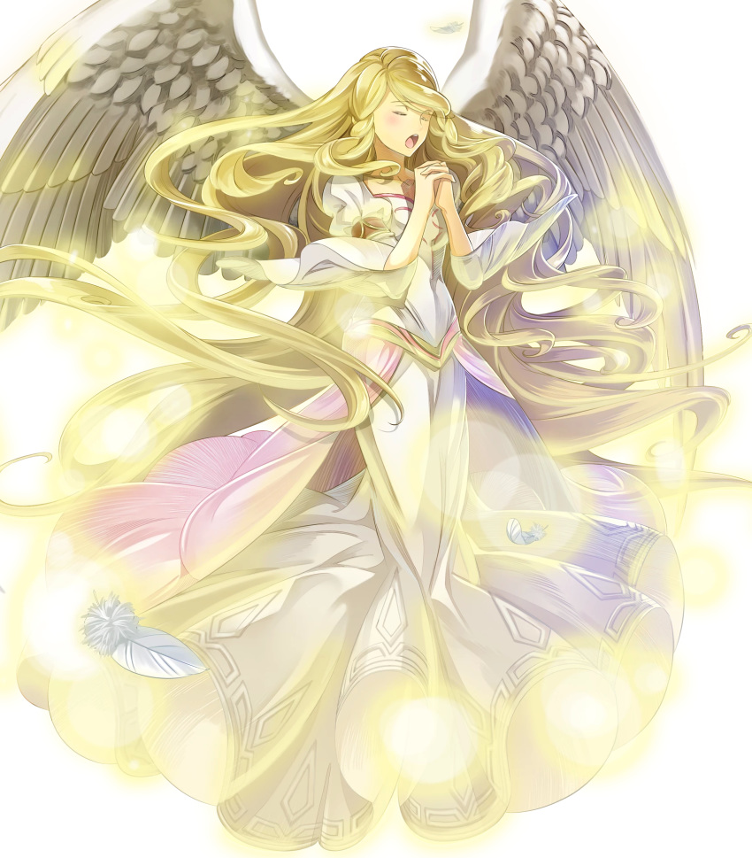 angel_wings blonde_hair blush breasts closed_eyes dress feathered_wings feathers female fire_emblem fire_emblem:_path_of_radiance fire_emblem:_radiant_dawn fire_emblem_heroes full_body hand_up highres leanne_(fire_emblem) light long_dress long_hair long_sleeves medium_breasts music official_art puffy_sleeves singing solo transparent_background very_long_hair white_dress white_wings wide_sleeves wings yura_(ub4u)