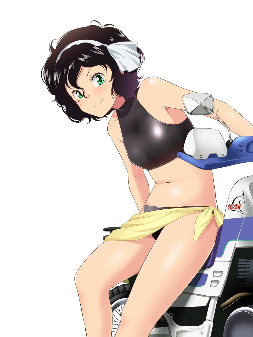 amano_onsa bakuon!! bare_legs belly bikini black_hair commentary_request curly_hair female green_eyes hairband highres hisakabe_oto motor_vehicle motorcycle navel sarong short_hair smile solo sports_bikini swimsuit thighs yamaha_serow