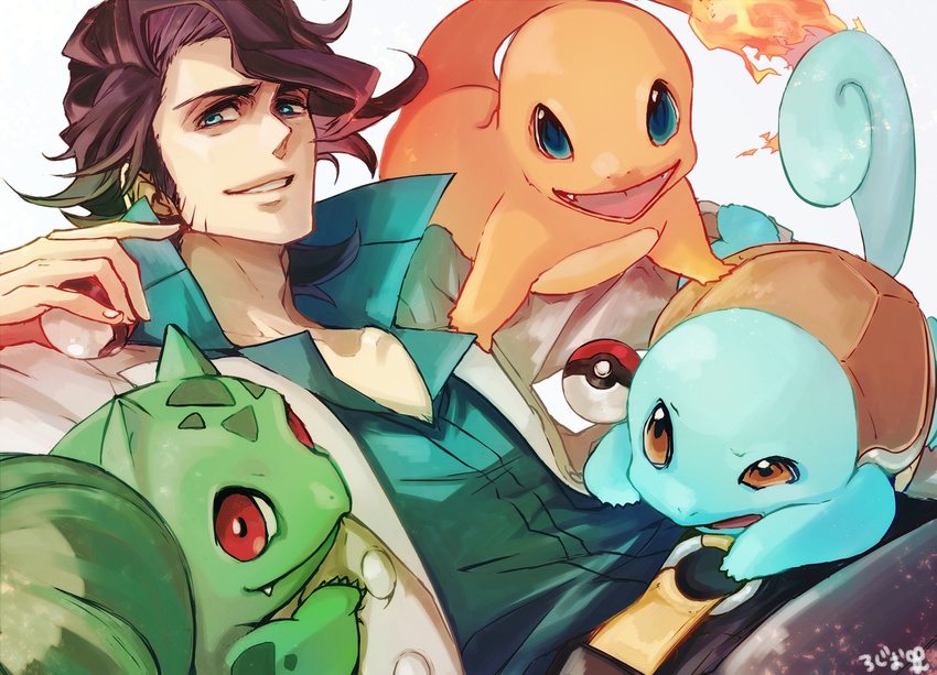 1boy black_hair bulbasaur charmander coat highres jacket male male_focus platane_(pokemon) poke_ball pokemon pokemon_(game) pokemon_xy squirtle