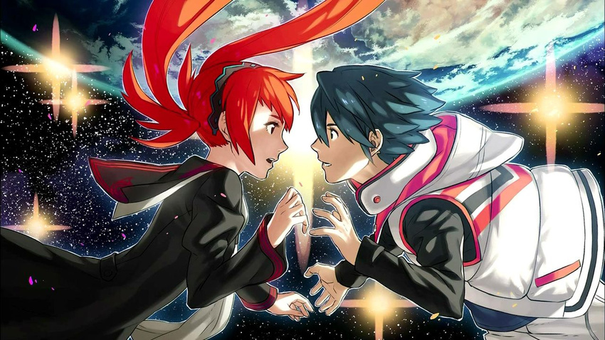 1boy banryuu_reoko black_hair black_serafuku bubuki_buranki commentary_request female floating floating_hair hairband kazuki_azuma pixiv5677957 planet red_hair school_uniform serafuku space star_(sky) twintails vest