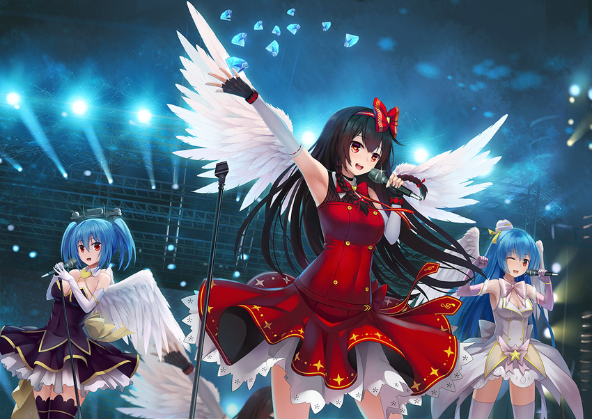 3girls alternate_costume angel_wings aoba_(warship_girls_r) armpits black_gloves black_hair blue_hair bow bowtie braid breasts chinese_commentary cleavage commentary_request corset dress elbow_gloves fingerless_gloves gloves hairbow headgear idol large_breasts long_hair machinery microphone multiple_girls one_eye_closed open_mouth outstretched_arm photoshop_(medium) prinz_eugen_(warship_girls_r) purple_legwear quincy_(warship_girls_r) red_dress red_eyes showgirl_skirt skirt skirt_set smile stage_lights thighhighs thighs twintails very_long_hair warship_girls_r white_dress white_gloves white_legwear wings xiaoyin_li zettai_ryouiki