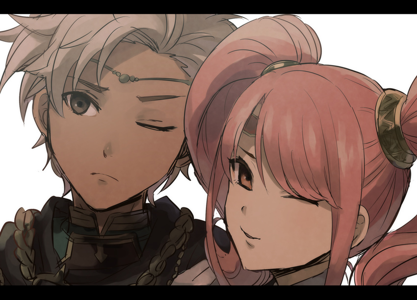 1boy boey_(fire_emblem) brown_eyes circlet commentary_request dark_skin female fire_emblem fire_emblem_echoes:_shadows_of_valentia fire_emblem_heroes highres kometubu0712 letterboxed long_hair mae_(fire_emblem) one_eye_closed open_mouth pink_hair portrait simple_background twintails white_background white_hair