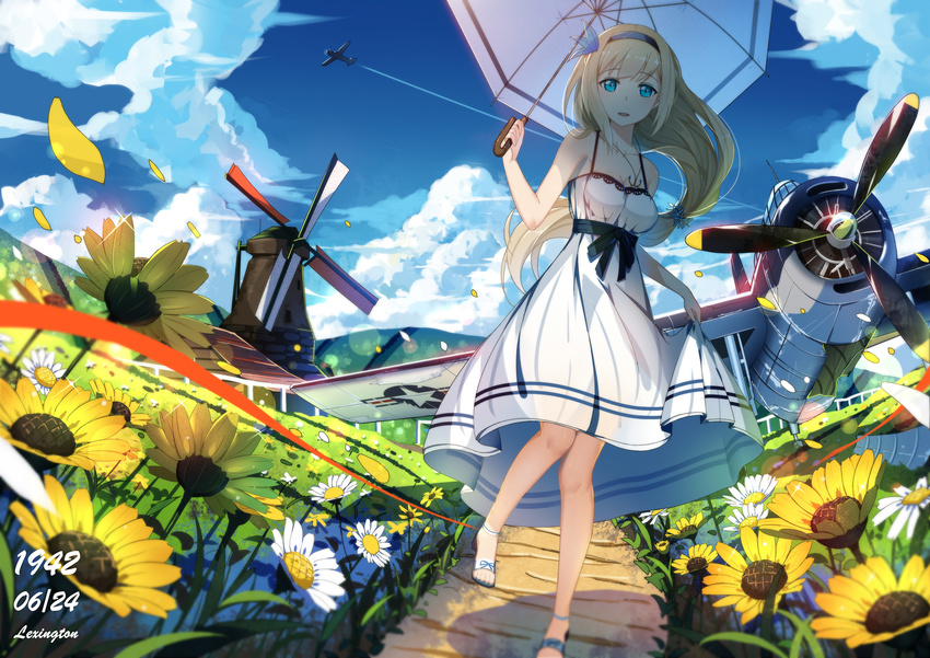 1942 aircraft airplane alternate_costume anchor_necklace ankleband bad_id bad_pixiv_id bare_arms blonde_hair blue_eyes blue_leaf breasts character_name cleavage clothes_lift cloud cloudy_sky collarbone daisy dated day double_horizontal_stripe dress female flower full_body hair_ornament hairband highres holding holding_umbrella jewelry leaf_hair_ornament lexington_(warship_girls_r) long_hair looking_at_viewer low-tied_long_hair lu" medium_dress necklace outdoors petals photoshop_(medium) railing sidelocks skirt skirt_lift sky sleeveless sleeveless_dress solo spaghetti_strap standing standing_on_one_leg sunflower tbf_avenger umbrella very_long_hair warship_girls_r white_dress wind wind_lift windmill