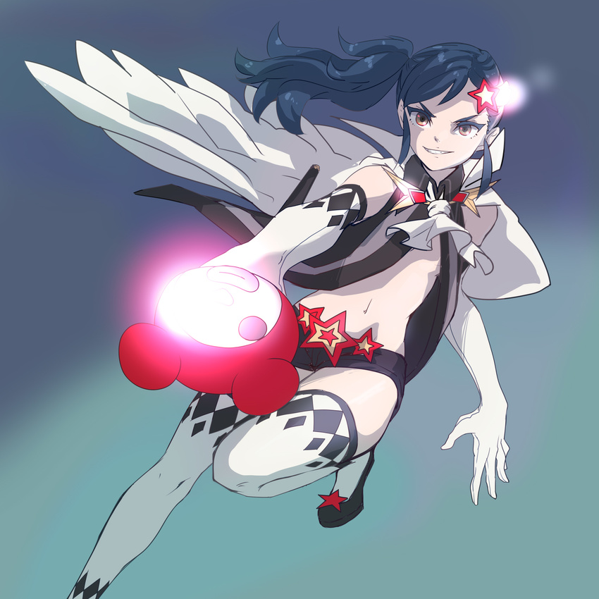 black_hair bubuki_buranki cane cape commentary_request diamond_(shape) elbow_gloves female gloves glowing hair_ornament hairclip highres kazuki_kaoruko navel otaki55 pose shorts side_ponytail sidelocks sleeveless smirk solo star_(symbol) star_hair_ornament thighhighs yellow_eyes