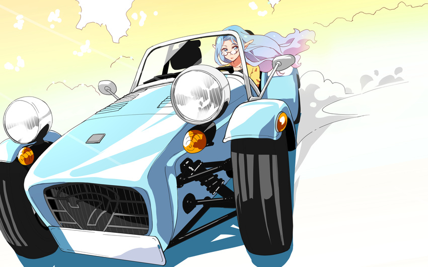 bad_id bad_pixiv_id blue_eyes blue_hair car caterham caterham_7 commentary_request driving female glasses gradient_hair highres long_hair motor_vehicle multicolored_hair original pointy_ears poncho_s vehicle_focus wheel