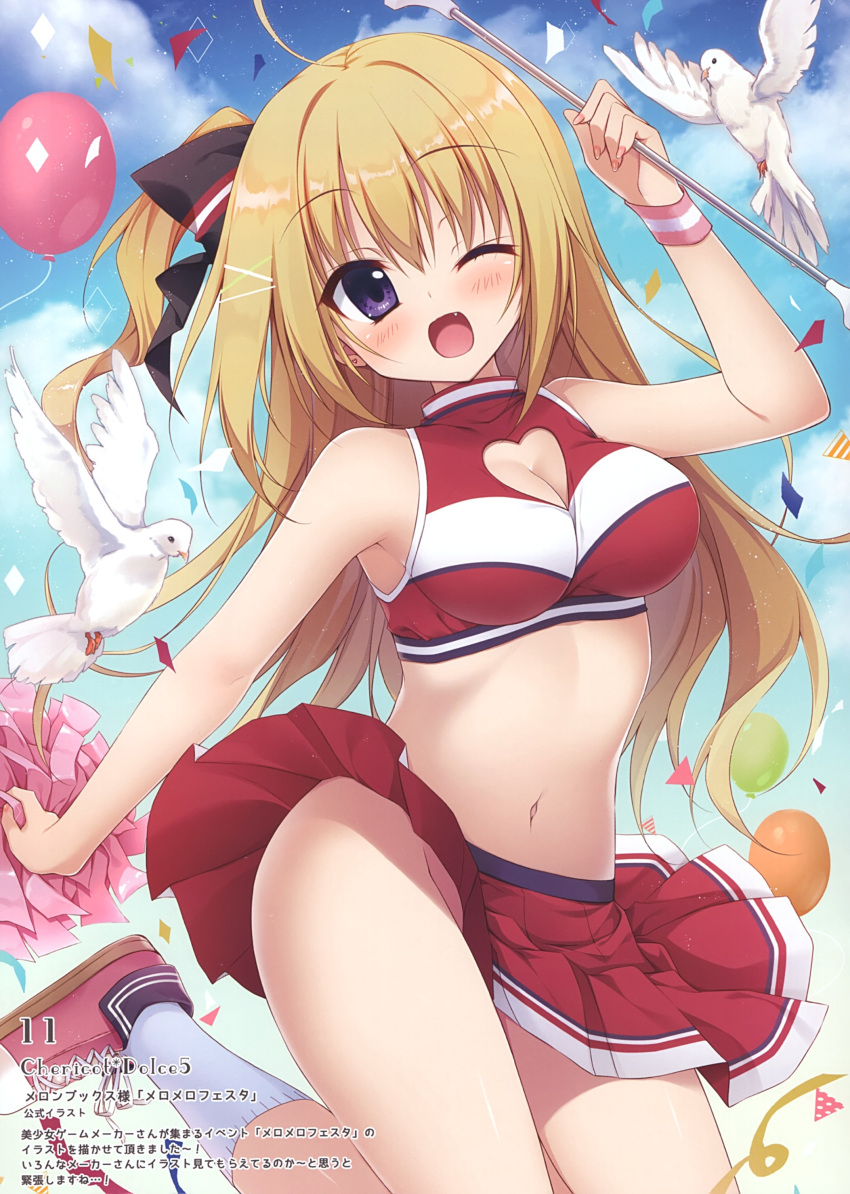 ;d absurdres armpits bare_arms bare_shoulders bird black_bow blonde_hair blue_eyes bow breasts cheerleader cleavage cleavage_cutout clothing_cutout cloud crop_top day female floating_hair hair_between_eyes hairbow heart_cutout highres holding jumping kneehighs leg_up long_hair matsumiya_kiseri medium_breasts midriff miniskirt navel no_panties oerba_yun_fang one_eye_closed open_mouth original outdoors pink_footwear pleated_skirt pom_pom_(cheerleading) side_ponytail skirt smile socks solo stomach thighs very_long_hair white_socks wristband