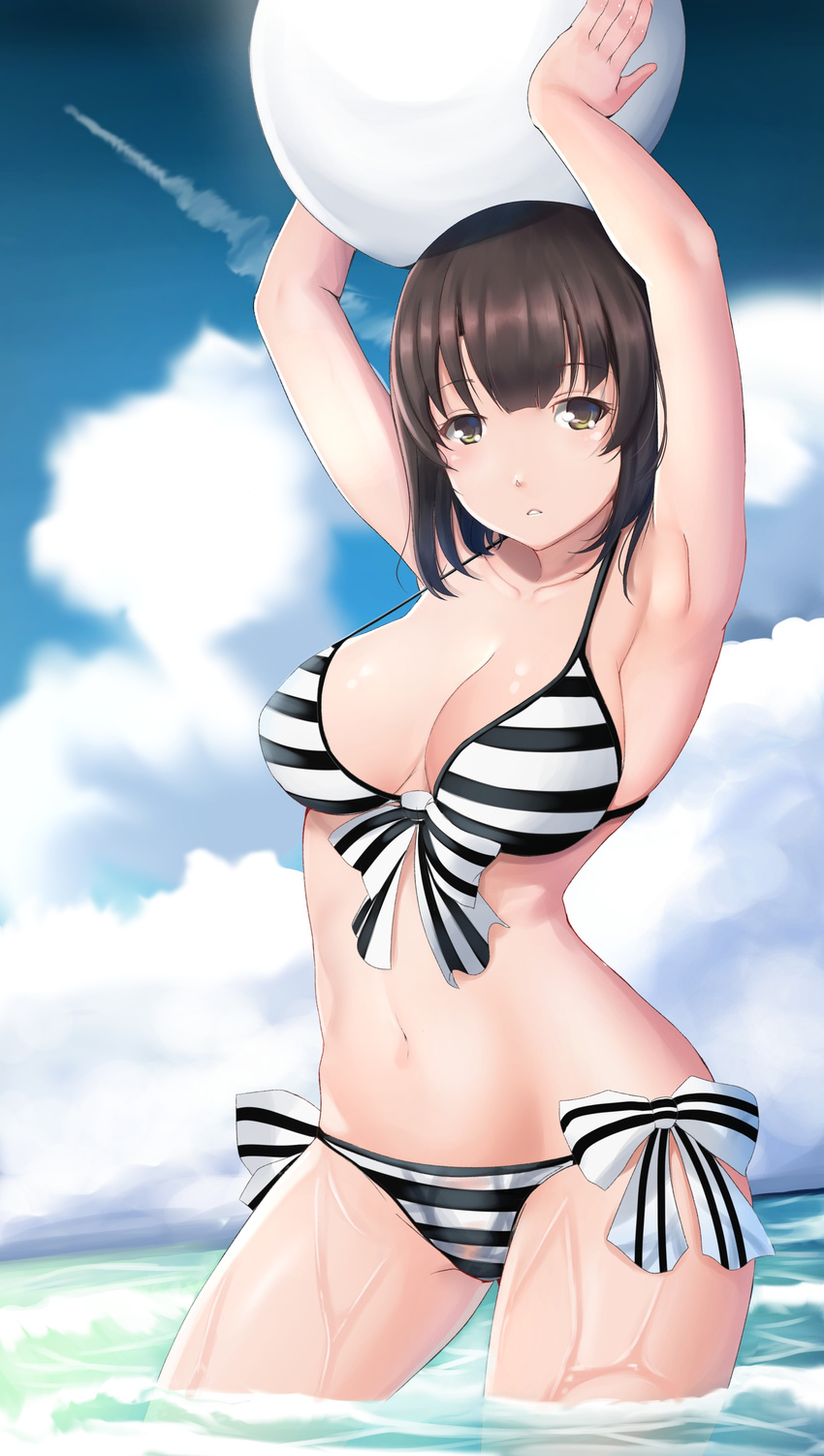 absurdres armpits arms_up ball beachball bikini breasts brown_eyes brown_hair chiyo_goya cloud commentary contrail cowboy_shot day english_commentary female front-tie_top halterneck highres katou_megumi looking_at_viewer medium_breasts outdoors parted_lips saenai_heroine_no_sodatekata short_hair side-tie_bikini_bottom sky solo string_bikini striped_bikini striped_clothes swimsuit