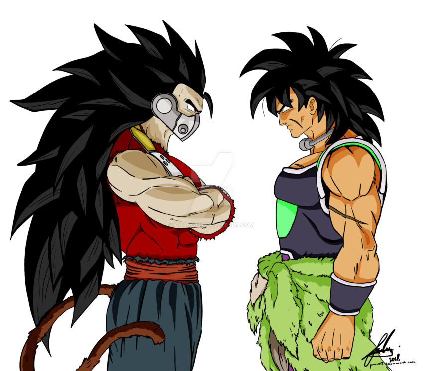 2boys armor bad_anatomy bad_deviantart_id bad_id big_hair black_hair bracelet broly_(dragon_ball_super) brown_fur capelet covered_mouth crossed_arms cumber dark_skin deviantart_username dragon_ball dragon_ball_heroes dragon_ball_super dragon_ball_super_broly eye_contact face-to-face flat_color from_side highres jewelry long_hair looking_at_another male_focus monkey_boy monkey_tail mouth_guard multiple_boys muscular muscular_male neck necklace paan013 pale_skin red_eyes saiyan_armor sanpaku scar short_hair simple_background spiked_hair standing tail very_long_hair watermark white_background widow's_peak wristband yellow_eyes