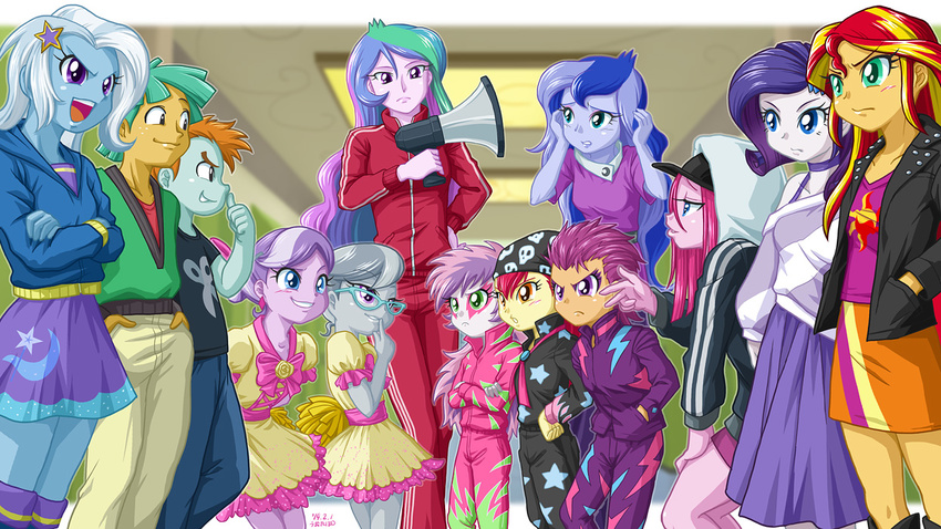 2014 amber_eyes apple_bloom_(eg) blue_eyes blue_hair bottomwear clothed clothing diamond_tiara_(eg) dress equestria_girls eyewear female freckles glasses green_eyes green_hair grey_hair group hair hasbro hat headgear headwear hoodie human jacket male mammal megaphone multicolored_hair my_little_pony orange_hair pink_hair pinkamena_(eg) pinkie_pie_(eg) princess_celestia_(eg) princess_luna_(eg) principal_celestia_(eg) purple_eyes purple_hair rarity_(eg) red_hair scootaloo_(eg) silver_spoon_(eg) skirt snails_(eg) snips_(eg) sunset_shimmer_(eg) sweetie_belle_(eg) topwear tracksuit trixie_(eg) two_tone_hair uotapo vice_principal_luna_(eg) young