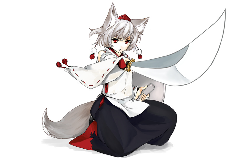 animal_ears artist_request bad_id bare_shoulders closed_mouth detatched_sleeves female full_body hair_between_eyes hat inubashiri_momiji long_sleeves looking_at_viewer pom_pom_(clothes) red_eyes shield shirt short_hair sitting sleeveless_shirt solo sword tail tokin_hat touhou weapon white_hair wolf_ears wolf_girl wolf_tail