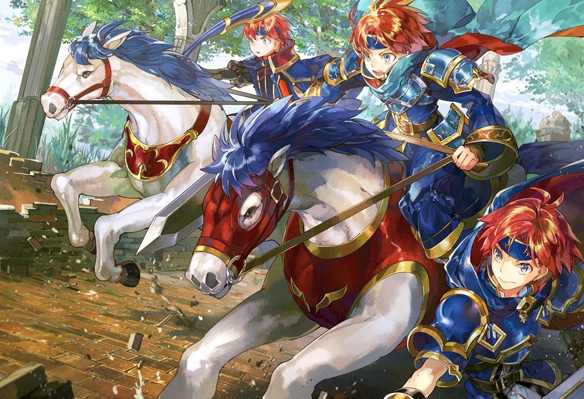 armor blue_armor blue_eyes cape commentary_request cosplay durandal_(fire_emblem) eliwood_(fire_emblem) eliwood_(fire_emblem)_(cosplay) fire_emblem fire_emblem:_the_binding_blade fire_emblem:_the_blazing_blade fire_emblem_heroes headband horse multiple_persona noki_(affabile) red_hair roy_(brave_lion)_(fire_emblem) roy_(fire_emblem) roy_(valentine)_(fire_emblem) short_hair smile sword weapon