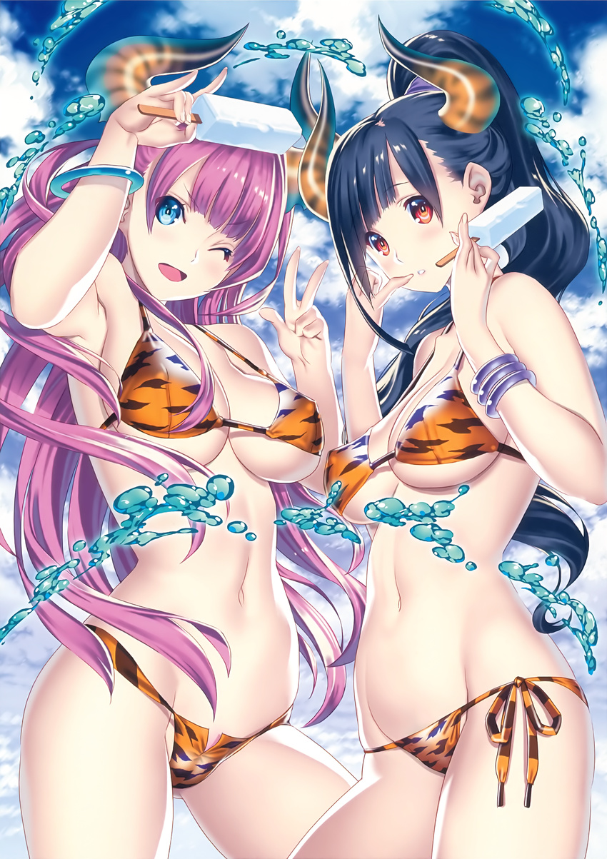 2girls ;d \n/ absurdres animal_print ass_visible_through_thighs bikini black_hair blue_eyes bracelet breasts contrapposto covered_nipples cowboy_shot cropped day finger_to_mouth fingernails food groin hair_over_breasts high_ponytail highres horns itou_ben jewelry large_breasts long_fingernails long_hair medium_breasts multiple_girls navel non-web_source one_eye_closed open_mouth parted_lips pink_hair popsicle print_bikini red_eyes scan side-tie_bikini_bottom smile standing swimsuit tiger_print toranoana underboob v-shaped_eyebrows very_long_hair w water