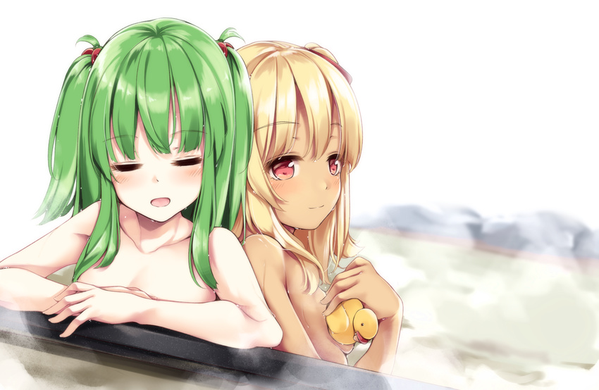 2girls back-to-back bad_id bad_pixiv_id bathing beatmania_iidx blonde_hair blush closed_eyes collarbone green_hair hishimiya_tsugaru light_smile long_hair maremay0513 multiple_girls nude onsen open_mouth red_eyes rubber_duck same-sex_bathing shared_bathing smile two_side_up upper_body xiatian_(beatmania_iidx)