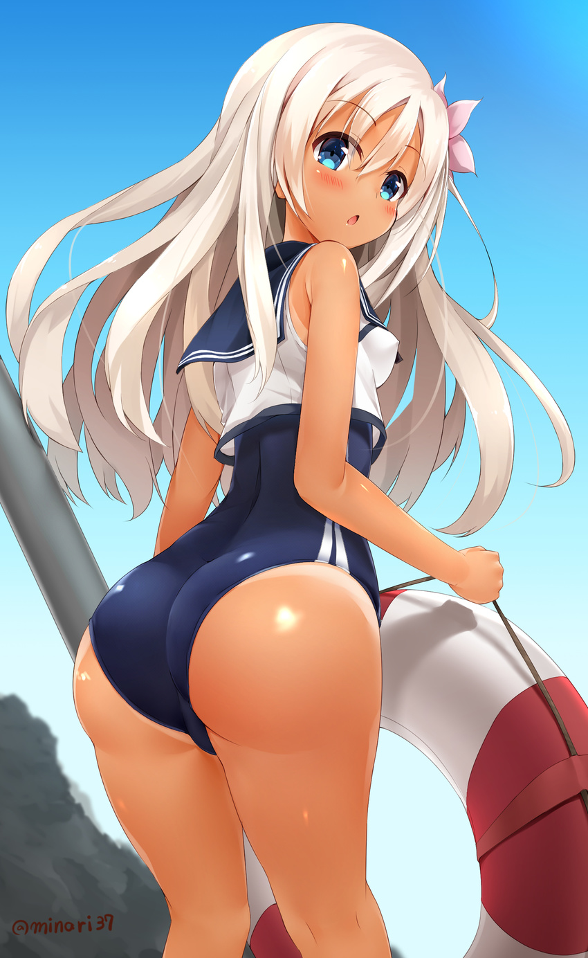 absurdres artist_name ass bad_id bad_pixiv_id bare_shoulders blue_eyes blush breasts covered_nipples crop_top day female flower from_behind hair_flower hair_ornament highres innertube kantai_collection lifebuoy long_hair looking_at_viewer looking_back minari_(minari37) one-piece_swimsuit one-piece_tan open_mouth outdoors ro-500_(kancolle) sailor_collar school_swimsuit school_uniform serafuku sky small_breasts solo standing swim_ring swimsuit swimsuit_under_clothes tan tanlines white_hair