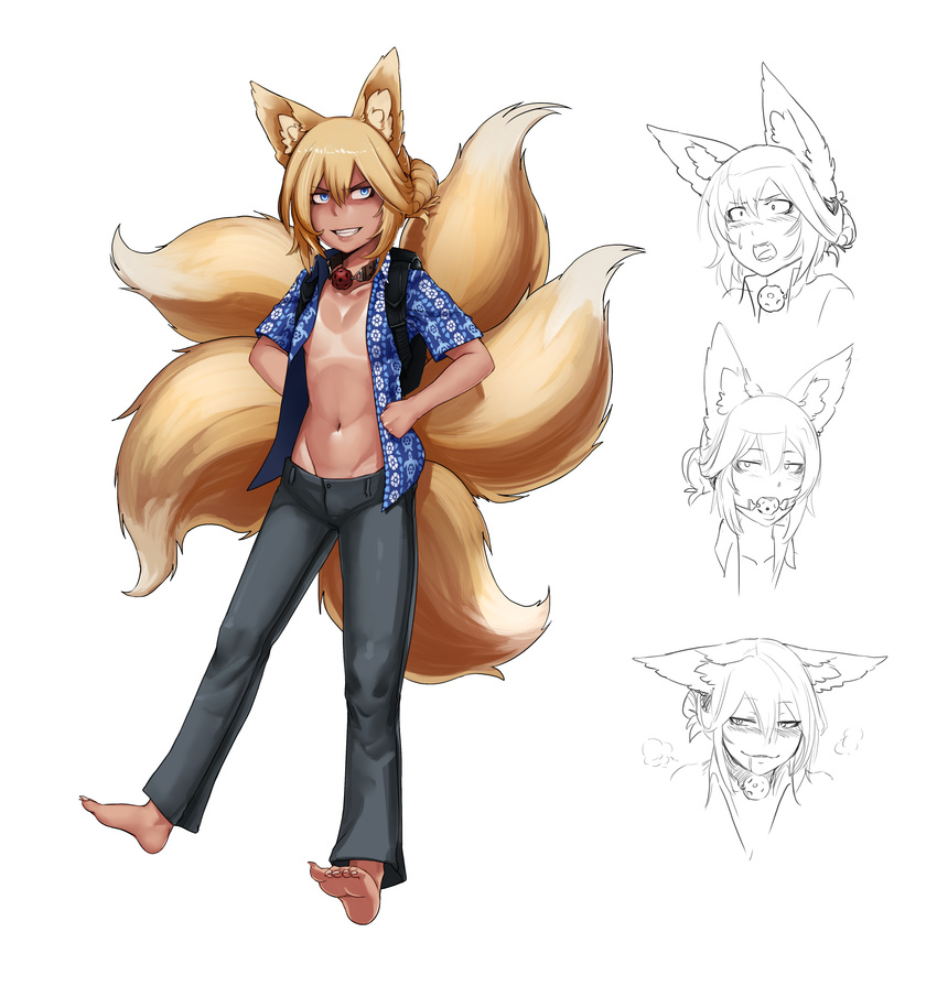 absurdres animal_ears backpack bag ball_gag barefoot blonde_hair blue_eyes breasts expressions female fox_ears fox_tail full_body furrowed_brow gag gag_around_neck gagged groin hands_on_own_hips highres less looking_at_viewer multiple_tails multiple_views navel no_bra no_panties open_clothes open_shirt original pants sharp_toenails shirt small_breasts tail tan tanlines teeth toenails ungagged unworn_gag wiffle_gag