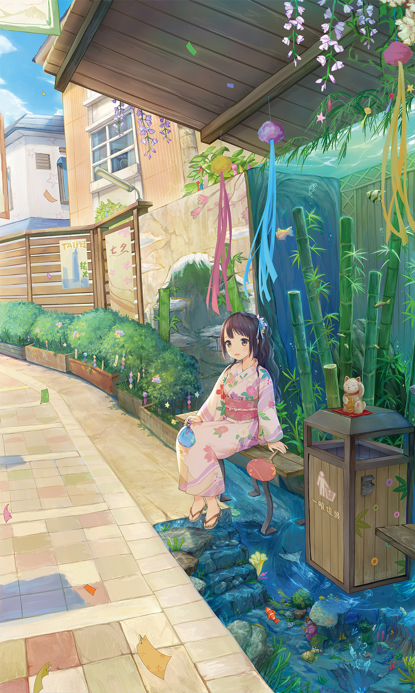 air_bubble angelfish balloon bamboo bench blue_ribbon brown_eyes brown_hair bubble building bush clownfish commentary_request coral coral_reef day female fish floral_print flower fluorescent_lamp hair_ornament hand_fan highres holding japanese_clothes jellyfish kimono leaf long_hair long_sleeves looking_at_viewer maneki-neko morning_glory_print mural obi original outdoors paper_fan parted_lips pavement petals photoshop_(medium) pink_kimono pink_ribbon plant ponytail poster_(object) potted_plant print_kimono ribbon road sandals sash sayika scenery seaweed sett sitting slippers smile solo stingray streamers summer tanzaku trash_can tropical_fish uchiwa wall water wide_shot window wisteria wooden_wall yellow_ribbon yukata