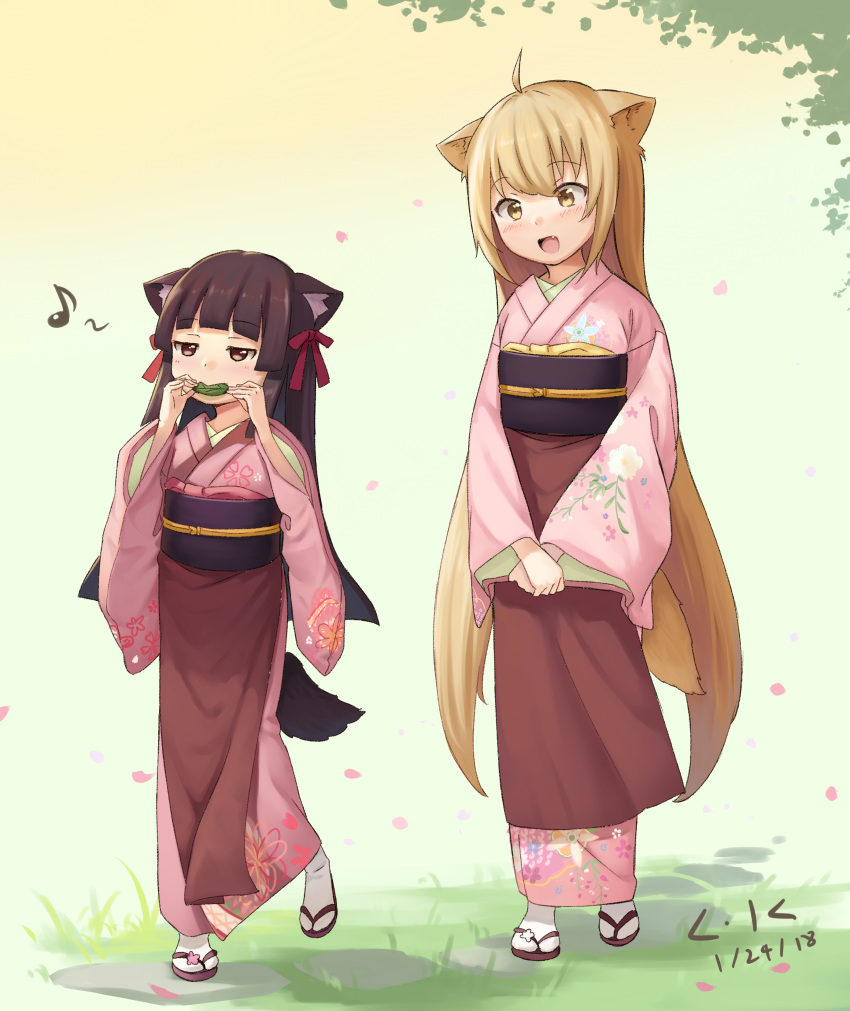 2018 absurd_res ahoge animal_humanoid asian_clothing black_hair blonde_hair blush brown_eyes canid canid_humanoid canine canine_humanoid clothed clothing cute_fangs duo east_asian_clothing female footwear fox_humanoid hair hi_res humanoid inner_ear_fluff japanese_clothing kimono konohana_kitan leaf legwear lkqyan long_hair mammal mammal_humanoid musical_note open_mouth petals sakura_(disambiguation) sakura_(konohana_kitan) sandals socks socks_with_sandals standing tuft yellow_eyes yuzu_(konohana_kitan)