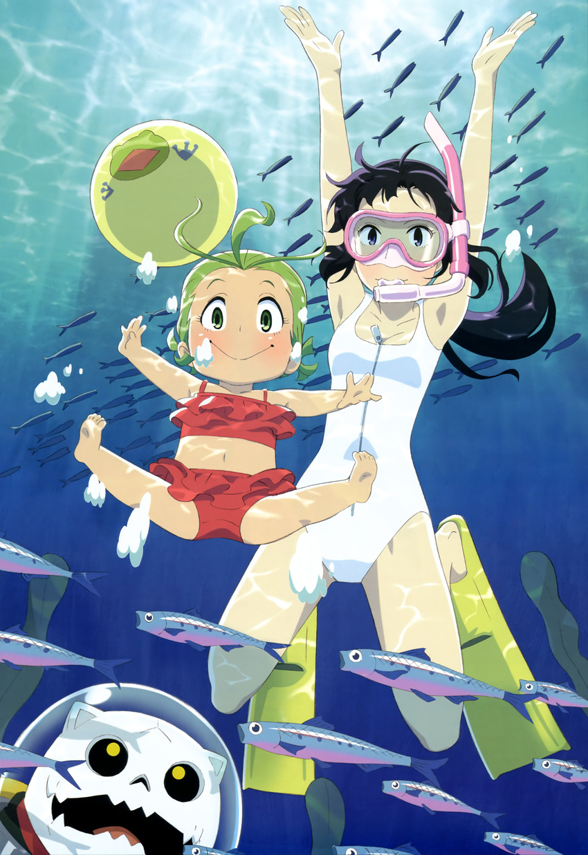 2girls :> absurdres armpits arms_up barefoot bihaku_(majocco_shimai_no_yoyo_to_nene) bikini black_hair blue_eyes blush casual_one-piece_swimsuit caustics diving_mask fish flippers frilled_bikini frills goggles green_eyes green_hair highres legs long_hair looking_at_viewer majocco_shimai_no_yoyo_to_nene multiple_girls navel nene_(majocco_shimai_no_yoyo_to_nene) non-web_source nyantype official_art one-piece_swimsuit outstretched_arms red_bikini scan shibata_yuka smile snorkel snorkel_in_mouth soles spread_arms spread_legs swimsuit underwater white_one-piece_swimsuit yoyo_(majocco_shimai_no_yoyo_to_nene) zipper