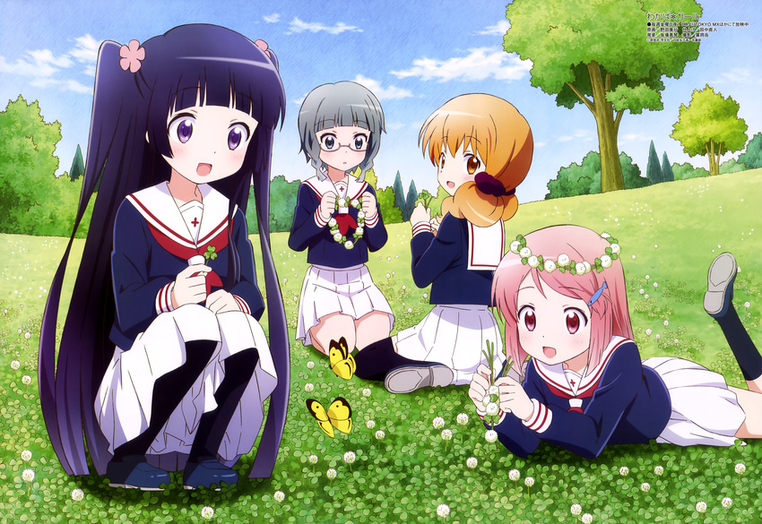 4girls absurdres black_hair braid bug butterfly cloud clover clover_(flower) day flower glasses hair_ornament hairclip head_wreath highres kohashi_wakaba kurokawa_mao leg_lift legs long_hair looking_back low_twintails lying mashiba_nao meadow megami_magazine multiple_girls noda_yasuyuki non-web_source official_art on_stomach orange_eyes orange_hair pantyhose pink_hair purple_eyes red_eyes school_uniform scrunchie seiza serafuku shirozume_girls_high_school_uniform short_hair silver_hair sitting sky socks tokita_moeko tree twin_braids twintails two_side_up very_long_hair wakaba_girl wariza