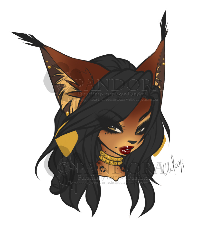 anthro distracting_watermark ear_piercing felid feline female half-closed_eyes hi_res lips looking_at_viewer lynx mammal narrowed_eyes pandora_(artist) piercing simple_background solo thick_lips watermark white_background