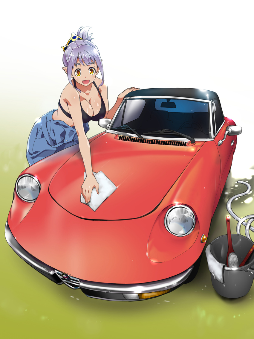 :d alfa_romeo bad_id bad_pixiv_id bikini bikini_top_only black_bikini breasts brush bucket car cleavage commentary_request female folded_ponytail hair_ornament highres holding holding_rag hose large_breasts motor_vehicle open_mouth original overalls pointy_ears poncho_s purple_hair rag smile solo sports_bra swimsuit vehicle_focus washing washing_vehicle water yellow_eyes