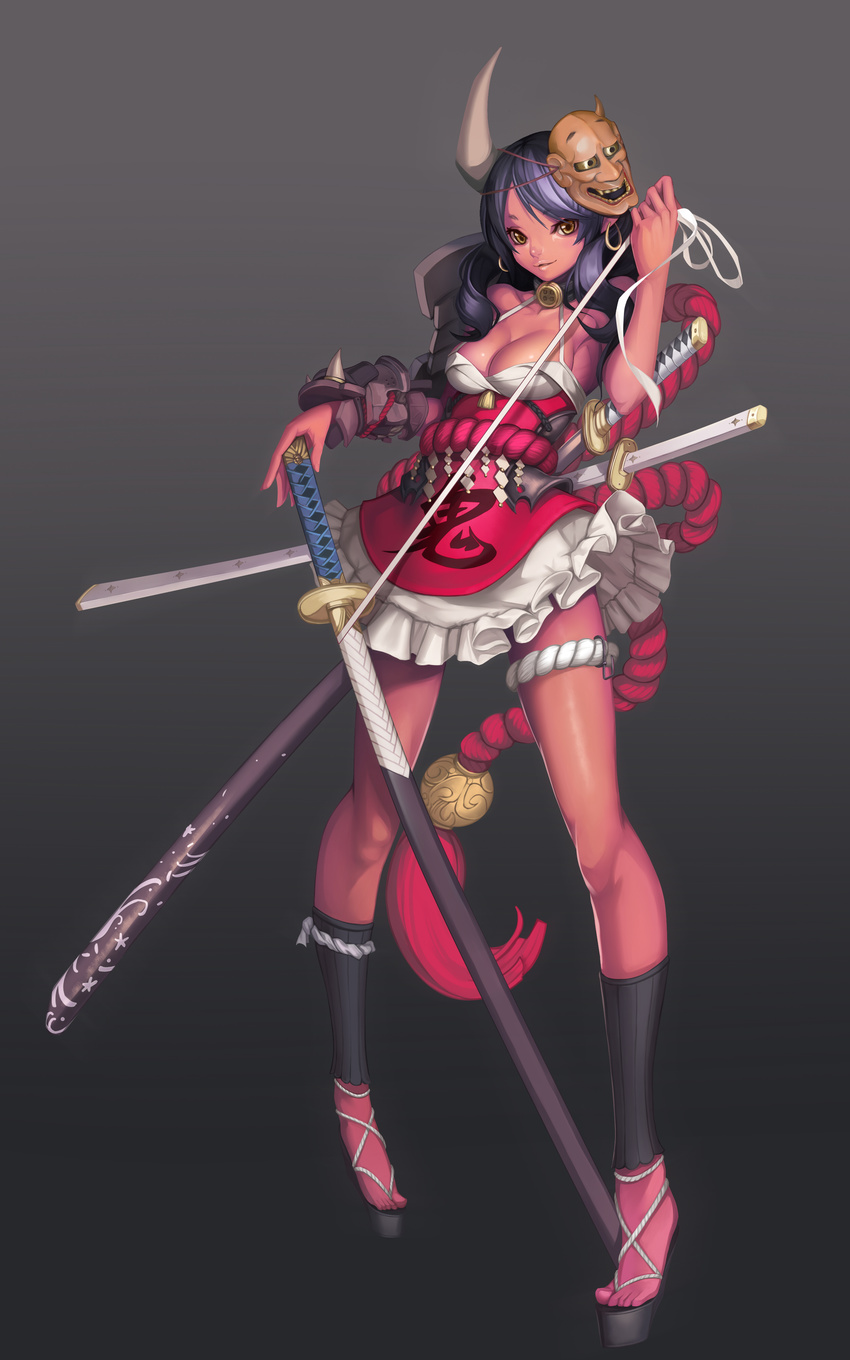 absurdres bad_id bad_pixiv_id black_hair breasts brown_eyes cleavage colored_skin earrings female highres hoop_earrings horns jewelry katana looking_at_viewer mask medium_breasts oni_mask original red_skin simple_background single_horn smile solo sword weapon weien