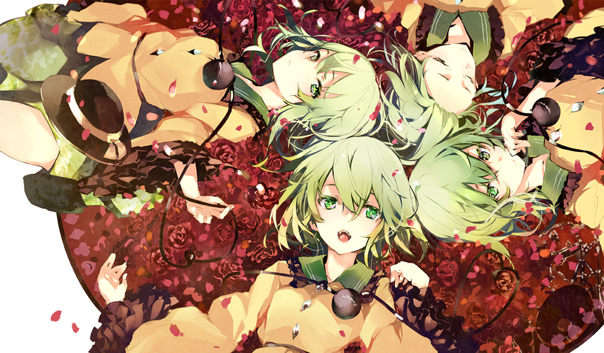 4girls closed_eyes commentary_request eyeball flower frills green_eyes green_hair hat hat_ribbon heart heart_of_string komeiji_koishi long_sleeves looking_at_viewer lying multiple_girls multiple_persona on_back open_mouth petals red_flower red_rose ribbon rose shirt short_hair shunsei_(muratou) skirt smile string third_eye touhou unworn_hat unworn_headwear wide_sleeves