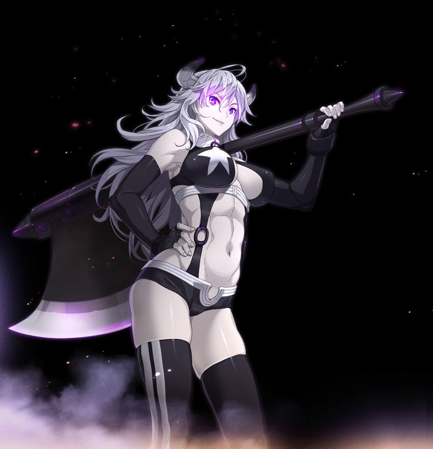 abs axe black_gloves bright_pupils carrying_over_shoulder elbow_gloves female fingerless_gloves fingernails gloria_the_witch gloves glowing glowing_eyes grin hamashima_shigeo holding holding_axe holding_weapon horns huge_weapon long_hair maggot_baits o-ring official_art over_shoulder purple_eyes silver_hair smile solo star_(symbol) star_print thighhighs weapon weapon_over_shoulder