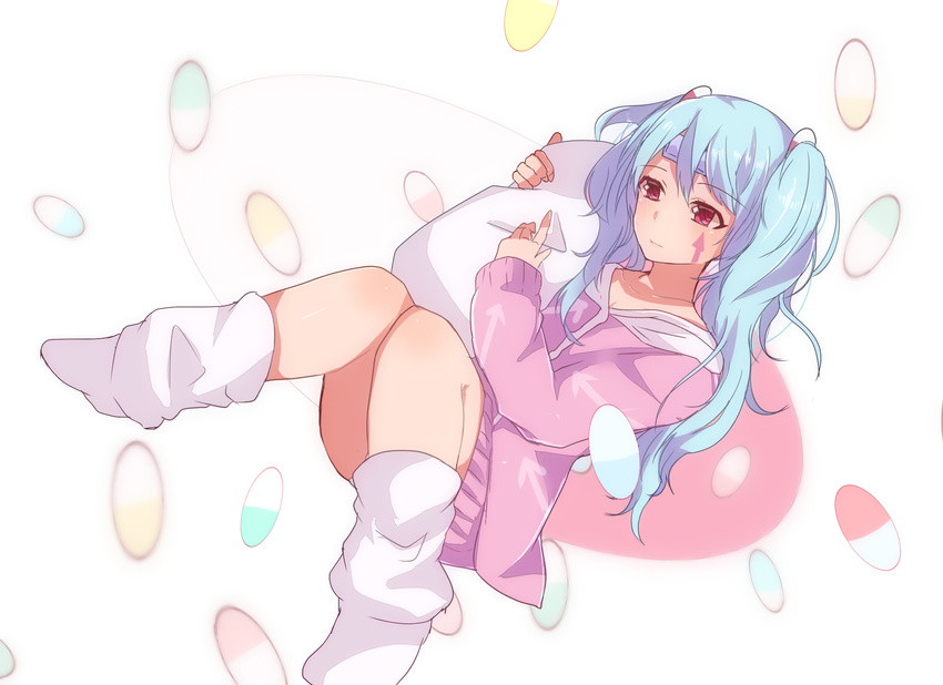 blue_hair fujimaki_(yu0) hatsune_miku long_hair red_eyes slow_motion_(vocaloid) socks twintails vocaloid