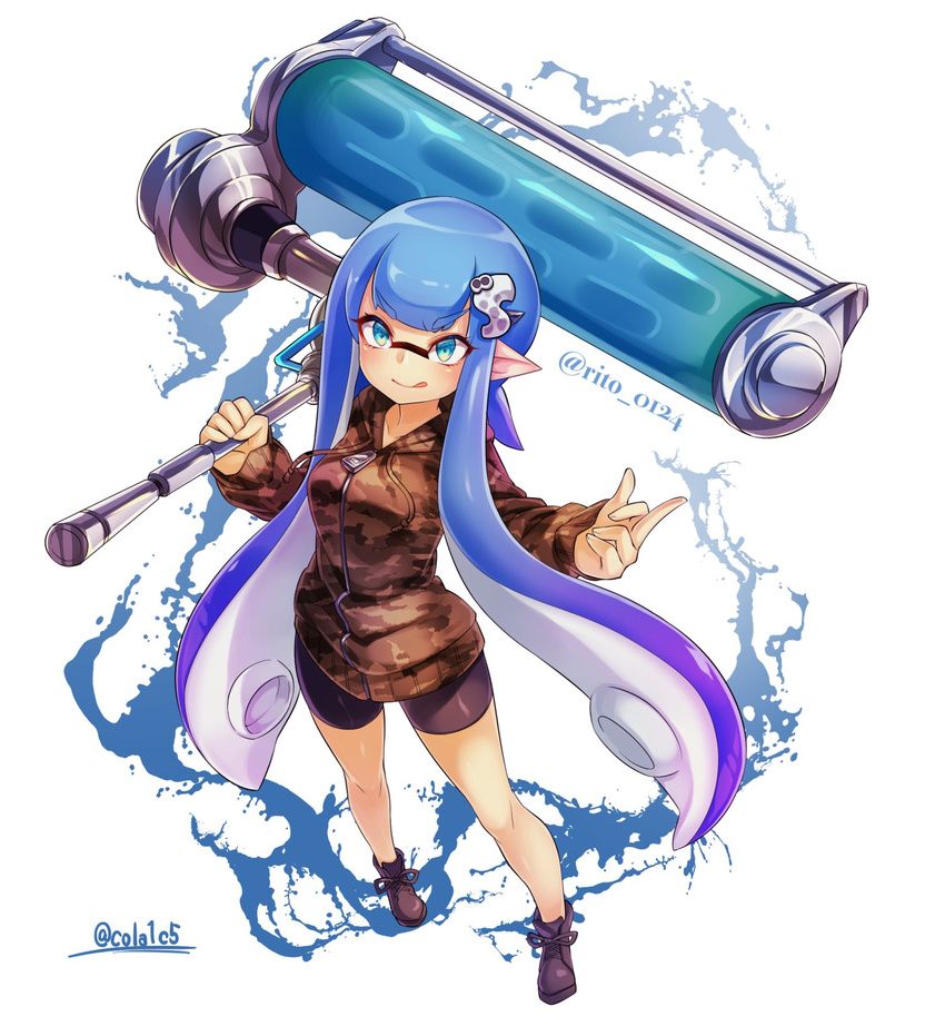 :q bad_id bad_twitter_id bike_shorts black_footwear black_shorts blue_eyes blue_hair blunt_bangs camouflage camouflage_shirt closed_mouth commentary_request conomi-c5 cross-laced_footwear dynamo_roller_(splatoon) fangs female full_body hair_ornament highres holding holding_weapon hood hoodie inkling inkling_girl inkling_player_character long_hair long_sleeves looking_at_viewer middle_finger paint_splatter pointy_ears shirt shoes shorts simple_background smile solo splatoon_(series) standing tentacle_hair tongue tongue_out twitter_username weapon white_background