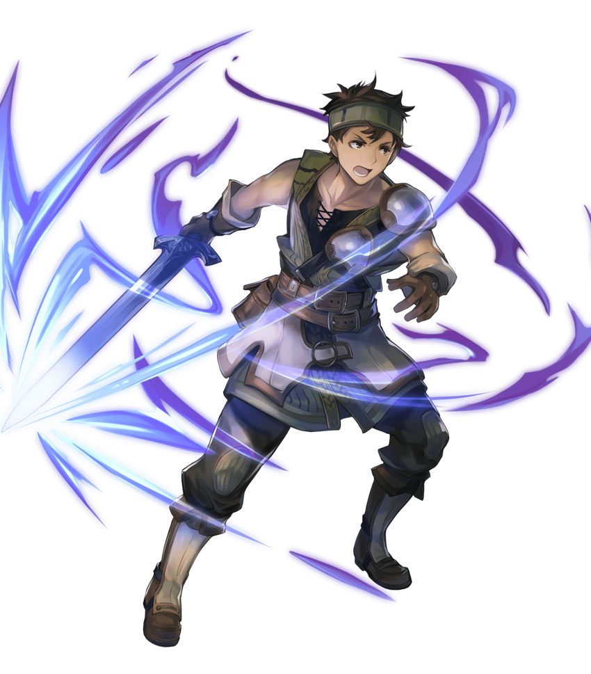 armor belt black_hair boots brown_eyes brown_gloves collarbone dark_skin dark_skinned_male fire_emblem fire_emblem_echoes:_mou_hitori_no_eiyuuou fire_emblem_heroes full_body gloves grey_(fire_emblem) headband highres holding holding_sword holding_weapon kawasumi_mahiro knee_boots looking_away male_focus official_art open_mouth pants shoulder_armor sleeveless solo sword transparent_background weapon