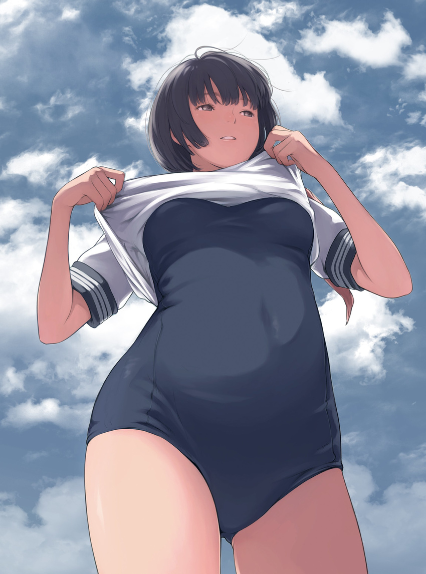 absurdres ass_visible_through_thighs black_eyes black_hair blue_sky bob_cut breasts clothes_lift cloud cloudy_sky comic_koh commentary_request contrapposto covered_navel cowboy_shot day female foreshortening from_below highres kamo_(gafas) looking_away medium_breasts new_school_swimsuit no_pants one-piece_swimsuit outdoors school_swimsuit shirt_lift short_hair sky solo standing swimsuit swimsuit_under_clothes