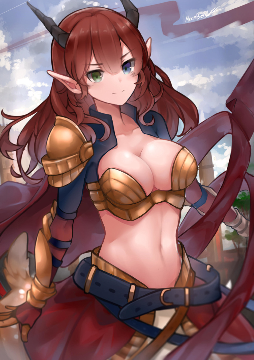 absurdres belt blue_eyes breastplate breasts cleavage cloud collarbone commission faulds female green_eyes heterochromia highres horns large_breasts long_hair looking_at_viewer loose_belt midriff navel neonbeat original outdoors pointy_ears red_hair red_ribbon revealing_clothes ribbon shoulder_armor single_spaulder skirt solo stomach upper_body vambraces very_long_hair