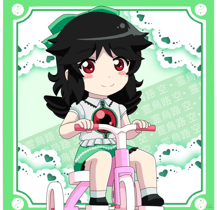 aged_down alternate_hair_length alternate_hairstyle ankle_socks artist_name bad_id bad_pixiv_id bird_wings black_footwear black_hair blush_stickers border bow character_name chibi commentary doily female green_background green_border green_bow green_skirt hairbow heart highres looking_at_viewer lunamoon_(style) md5_mismatch petticoat puffy_short_sleeves puffy_sleeves red_eyes reiuji_utsuho remyfive resolution_mismatch shirt short_hair short_sleeves skirt smile socks solo source_smaller third_eye touhou tricycle white_shirt white_socks wings yin_yang