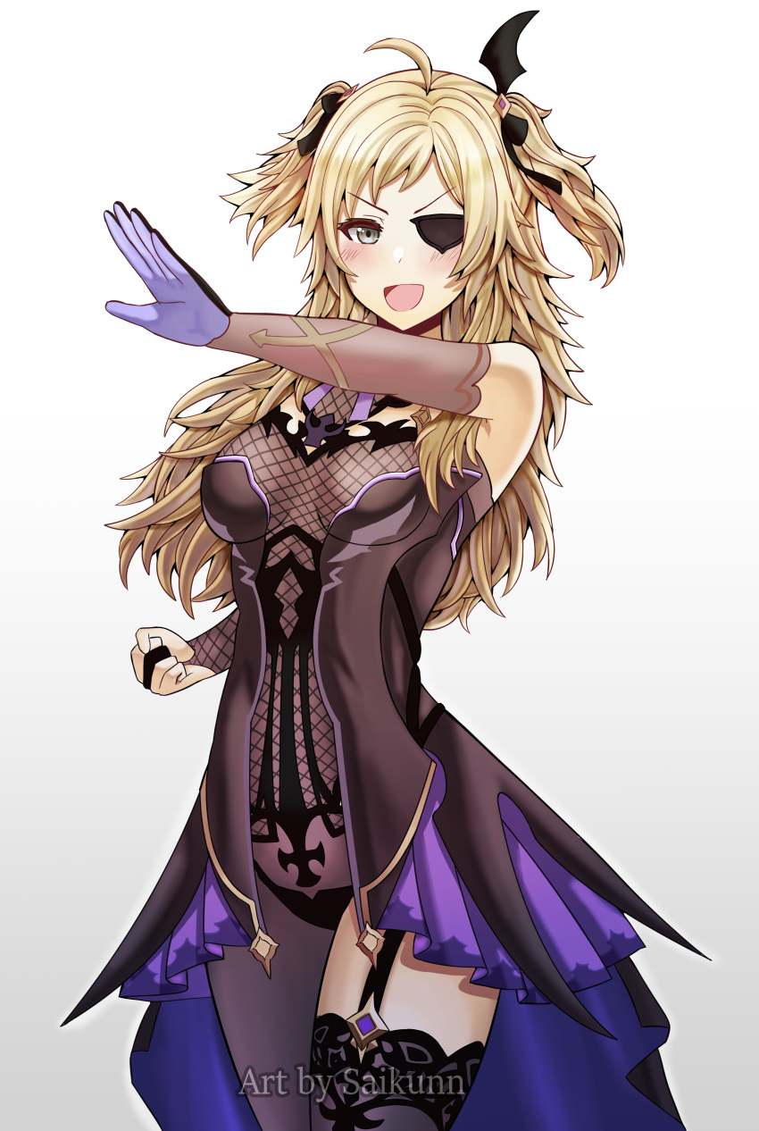 absurdres ahoge blonde_hair bodystocking breasts cosplay crossover dress eyepatch female fire_emblem fire_emblem_fates fischl_(genshin_impact) fischl_(genshin_impact)_(cosplay) garter_straps genshin_impact gloves grey_eyes hair_ribbon henshin_pose highres kamen_rider kamen_rider_(1st_series) long_hair medium_breasts ophelia_(fire_emblem) pose ribbon saikunartworks solo two_side_up