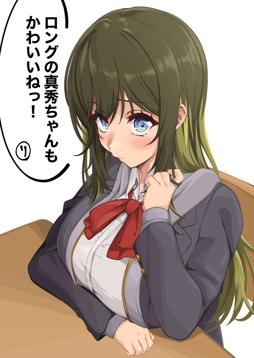 163_(shiromeshi) akashi_maho alternate_hair_length alternate_hairstyle arm_on_table barbell_piercing black_jacket blonde_hair blue_eyes blush bow bowtie breast_rest breasts breasts_on_table chair closed_mouth collared_shirt commentary_request d4dj desk ear_piercing female fingernails green_hair hair_between_eyes hand_up highres hood hood_down hooded_jacket industrial_piercing jacket large_breasts long_sleeves looking_at_viewer looking_to_the_side multicolored_hair nail_polish on_chair open_clothes open_jacket piercing red_bow red_bowtie red_nails school_chair school_desk school_uniform shirt sidelocks simple_background sitting solo speech_bubble translation_request twirling_hair two-tone_hair upper_body white_background white_shirt