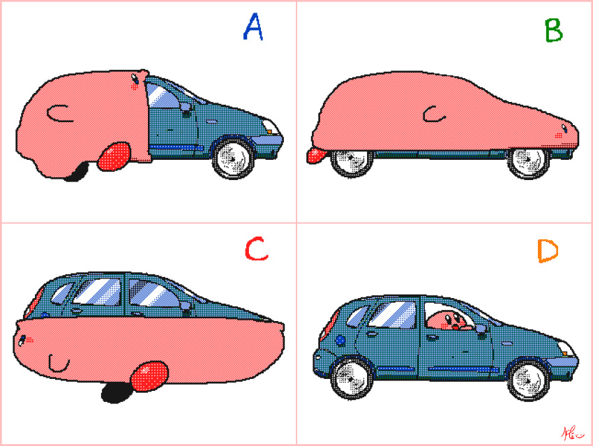 :d animated animated border car car_mouth commentary driving english_commentary flipnote_studio_(medium) if_a_dog_wore_pants_(meme) keke_(kokorokeke) kirby kirby_(series) kirby_and_the_forgotten_land meme motor_vehicle mouthful_mode multiple_views no_humans numbered_panels open_mouth pink_border signature simple_background smile vehicle_focus white_background