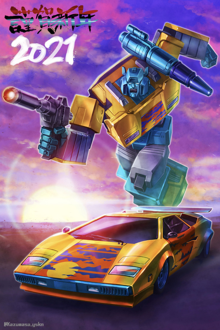 absurdres alternate_color artist_name autobot blue_eyes car chinese_zodiac clenched_hand gun happy_new_year highres holding holding_gun holding_weapon lamborghini lamborghini_countach mecha motor_vehicle new_year no_humans open_mouth robot running science_fiction shoulder_cannon sideswipe sports_car transformers transformers:_generation_1 vehicle_focus weapon yasukuni_kazumasa year_of_the_ox