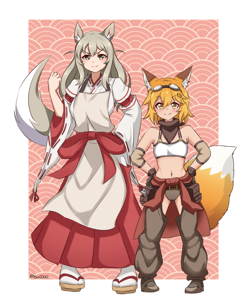 2girls absurdres adjustable_wrench animal_ear_fluff animal_ears apron blonde_hair blush boots breasts brown_apron brown_footwear brown_hair clothes_around_waist cosplay costume_switch cowboy_boots crossover detached_sleeves elbow_pads fox fox_ears fox_girl fox_tail full_body goggles goggles_on_head hair_flaps hakama hakama_skirt hands_on_own_hips highres japanese_clothes kimono kitsune lily_the_mechanic lily_the_mechanic_(cosplay) long_hair looking_at_viewer lost_pause mechanic miko multiple_girls navel puffy_detached_sleeves puffy_sleeves red_hakama ribbon-trimmed_sleeves ribbon_trim senko_(sewayaki_kitsune_no_senko-san) senko_(sewayaki_kitsune_no_senko-san)_(cosplay) sewayaki_kitsune_no_senko-san short_hair skirt smile species_connection standing tail tail_raised tool_belt tools trait_connection v-shaped_eyebrows white_kimono wrench yellow_eyes ysui0000