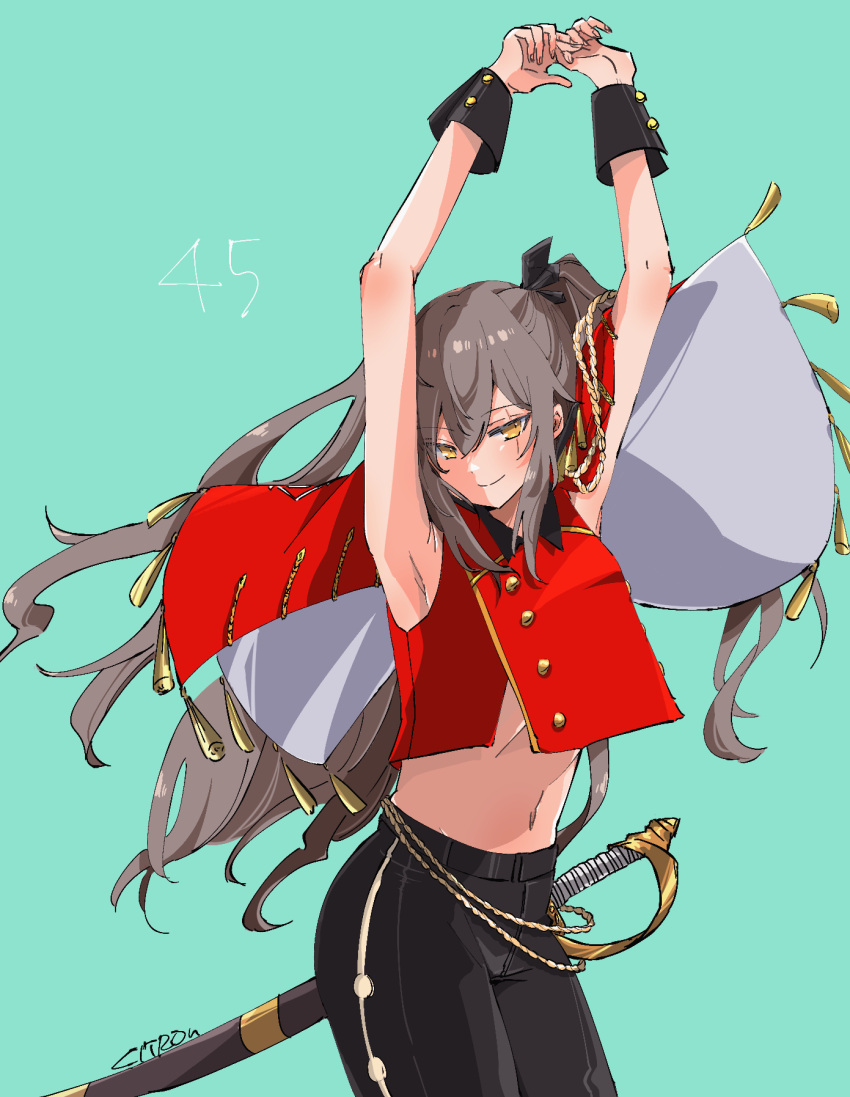 armpits arms_up artist_name bad_id bad_twitter_id black_pants brown_hair character_name citron80citron commentary_request cowboy_shot female girls'_frontline green_background highres looking_at_viewer midriff navel official_alternate_costume one_side_up pants red_shirt saber_(weapon) scar scar_across_eye scar_on_face sheath sheathed shirt sidelocks sleeveless sleeveless_shirt smile solo sword ump45_(girls'_frontline) ump45_(penrose_spiral)_(girls'_frontline) weapon wrist_cuffs yellow_eyes