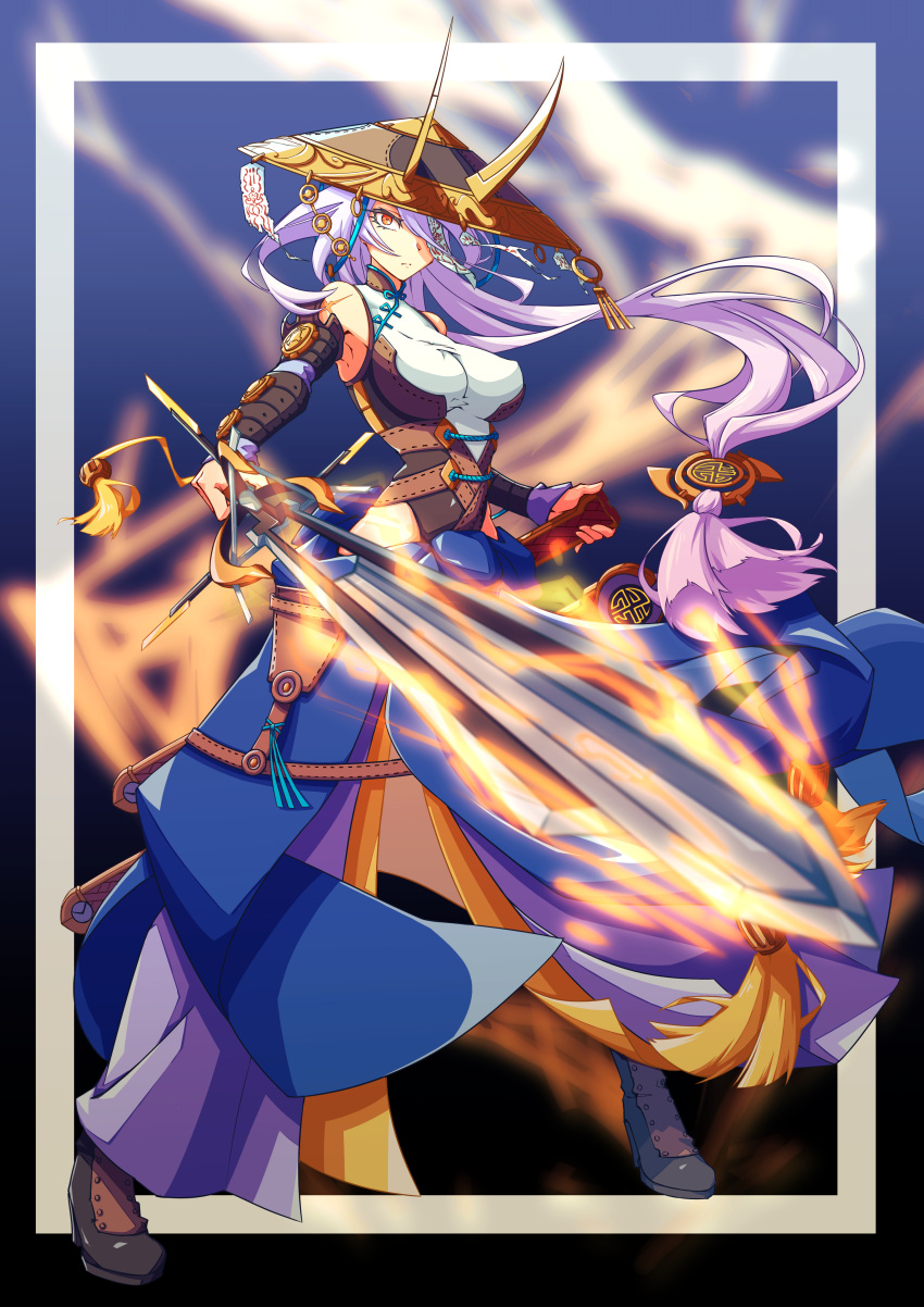 absurdres bare_shoulders boots breasts covered_nipples detached_sleeves duel_monster fake_horns female flaming_sword flaming_weapon fleurdelis_(yu-gi-oh!) full_body hair_over_one_eye hat highres holding holding_sheath holding_sword holding_weapon horned_headwear horns jingasa large_breasts long_hair maple_(maple_alt) orange_eyes purple_hair scar scar_on_arm sheath solo sword talisman the_iris_swordsoul very_long_hair weapon yu-gi-oh!